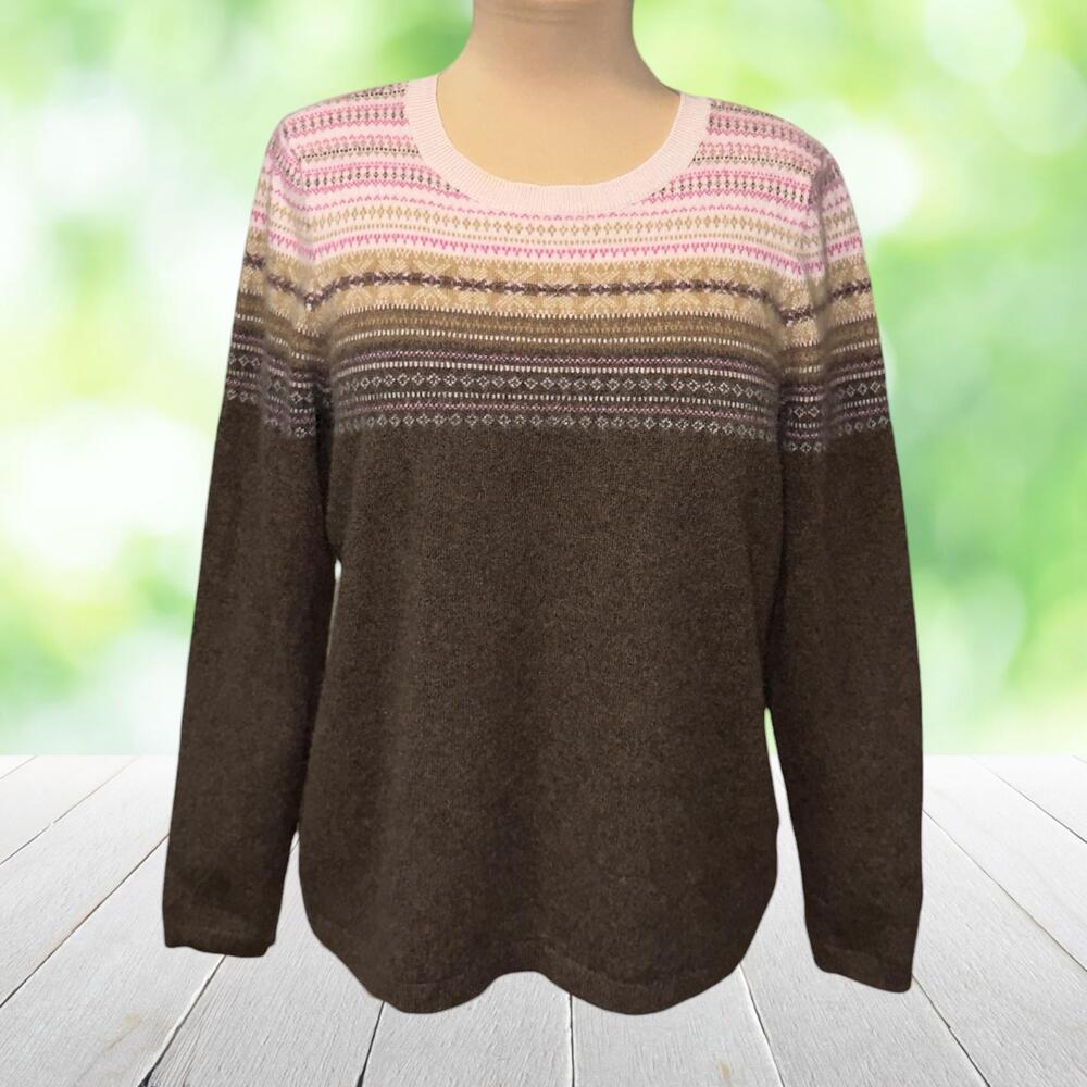 LANDS END Cashmere Sweater Fair Isle Pullover Brown Pink Knit Petite XL